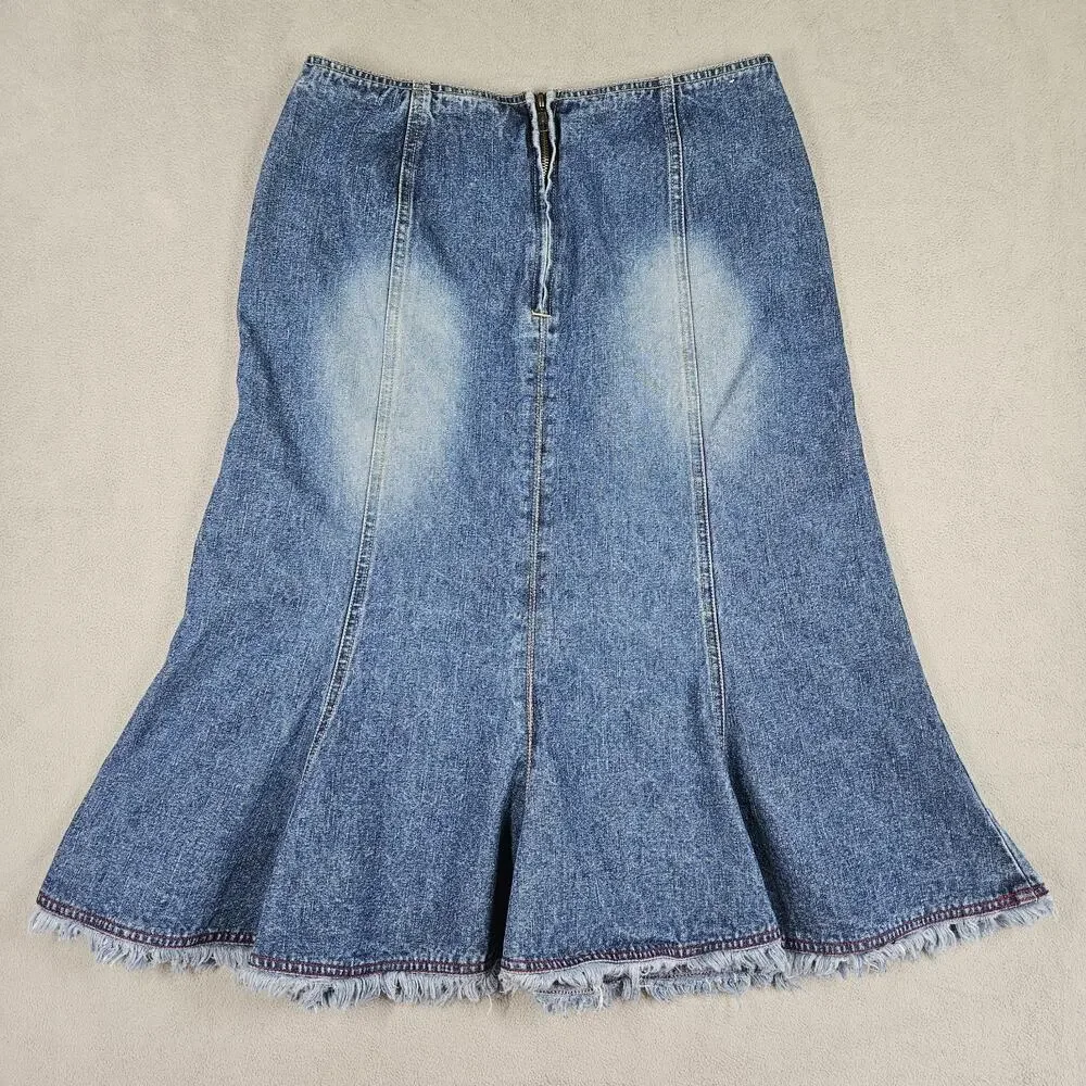 Vintage Quizz New York Denim‎ Skirt 9/10 Frayed Hem Midi Skirt Preppy Y2K Grunge